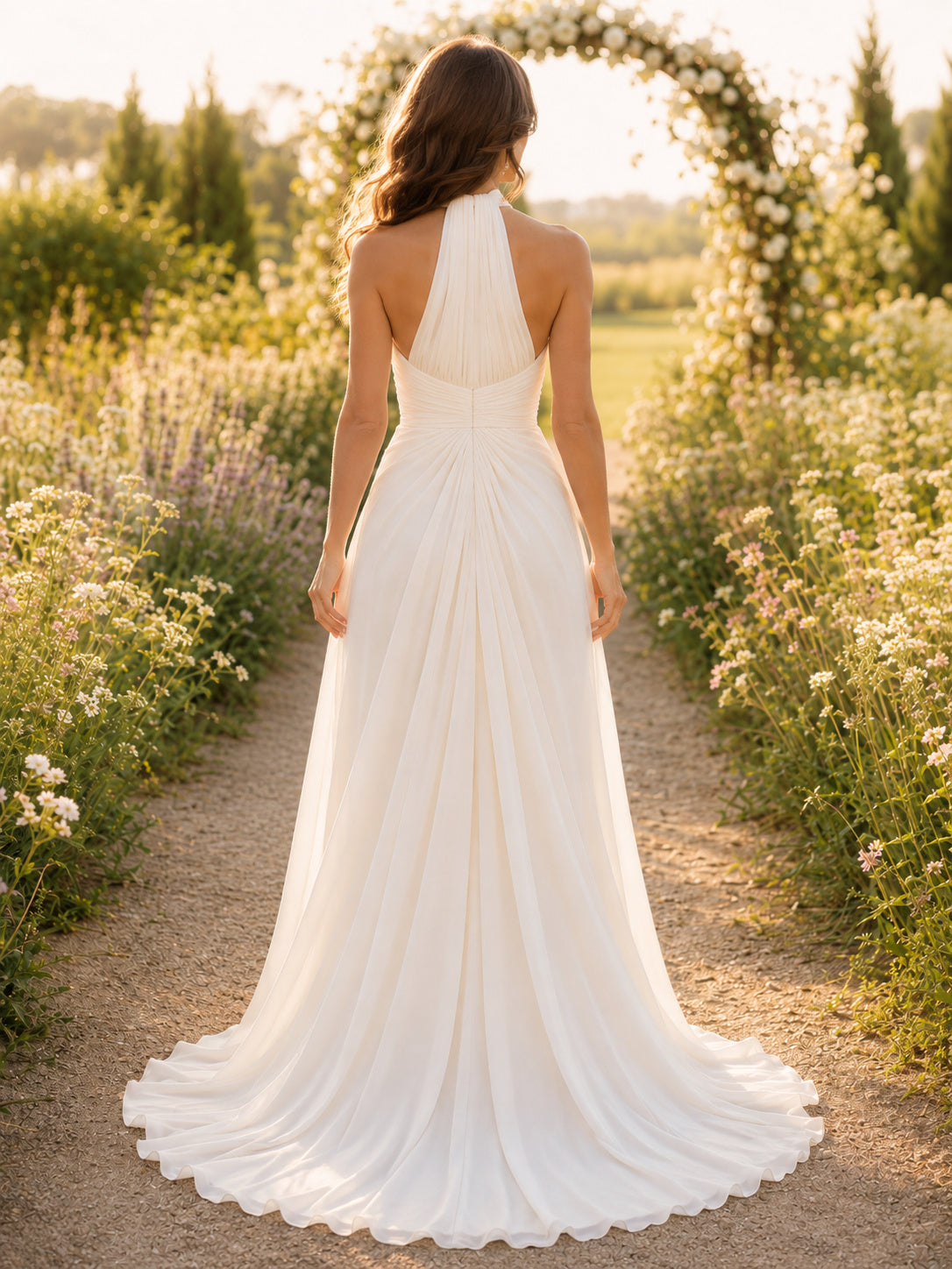 Minimalist Satin Wedding Dress A-Line Halter Sleeveless Sweep Train Bridal Gown back view