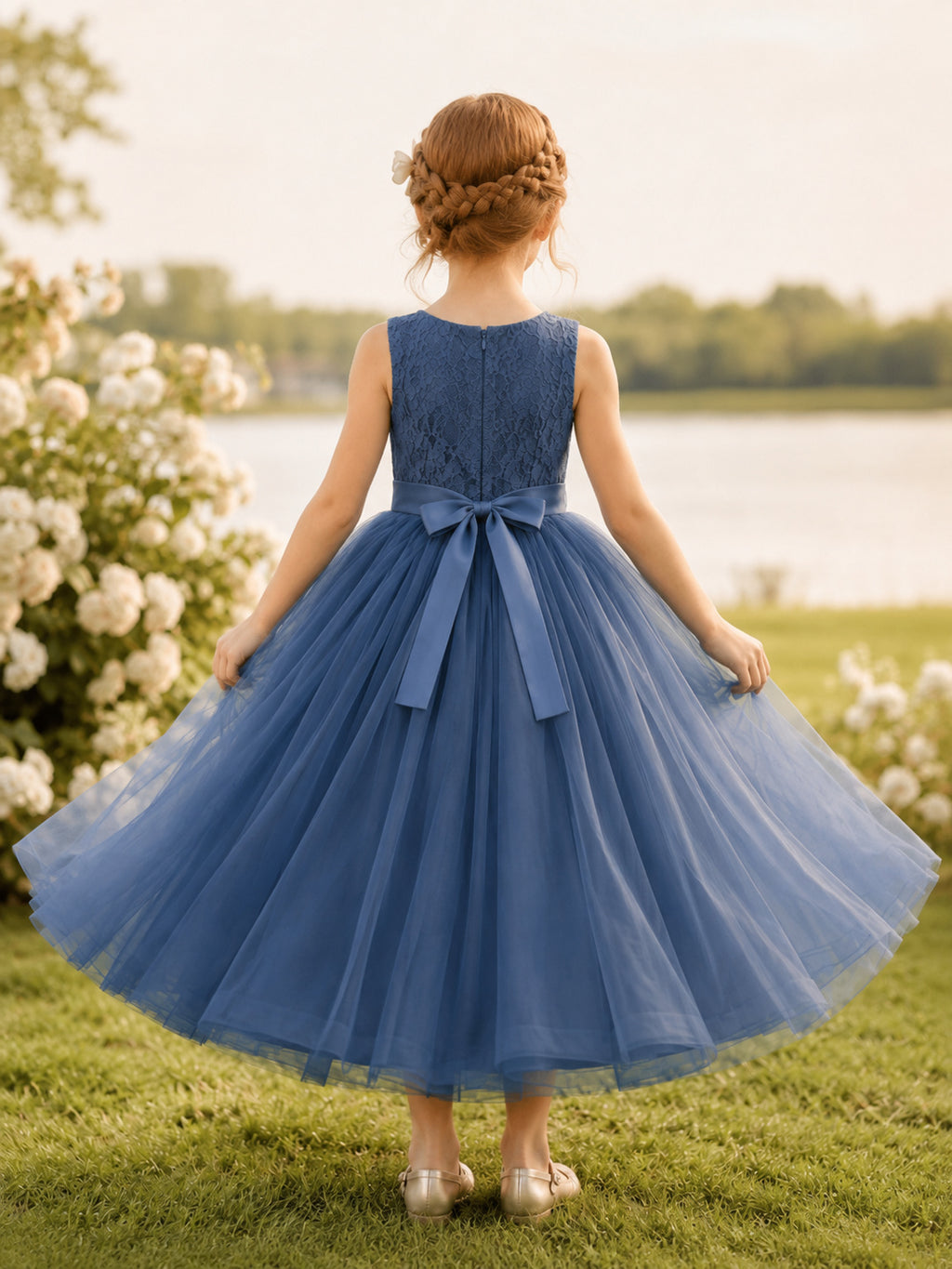 Flower Girl Dress Steel Blue Tulle A-Line Jewel Neck Tea Length Bow Back back view