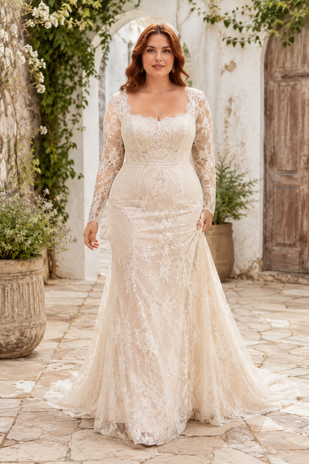 Plus Size Ivory V-Neck Long Illusion Sleeve Lace Tulle Mermaid Wedding Dress with Allover Lace and Sweep Train front view