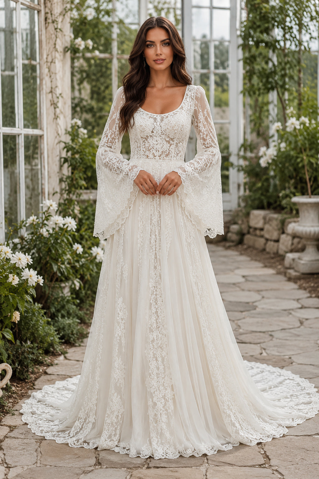 Ivory Square Neck Bell Sleeve Lace A-Line Wedding Dress with Low V-Back front view