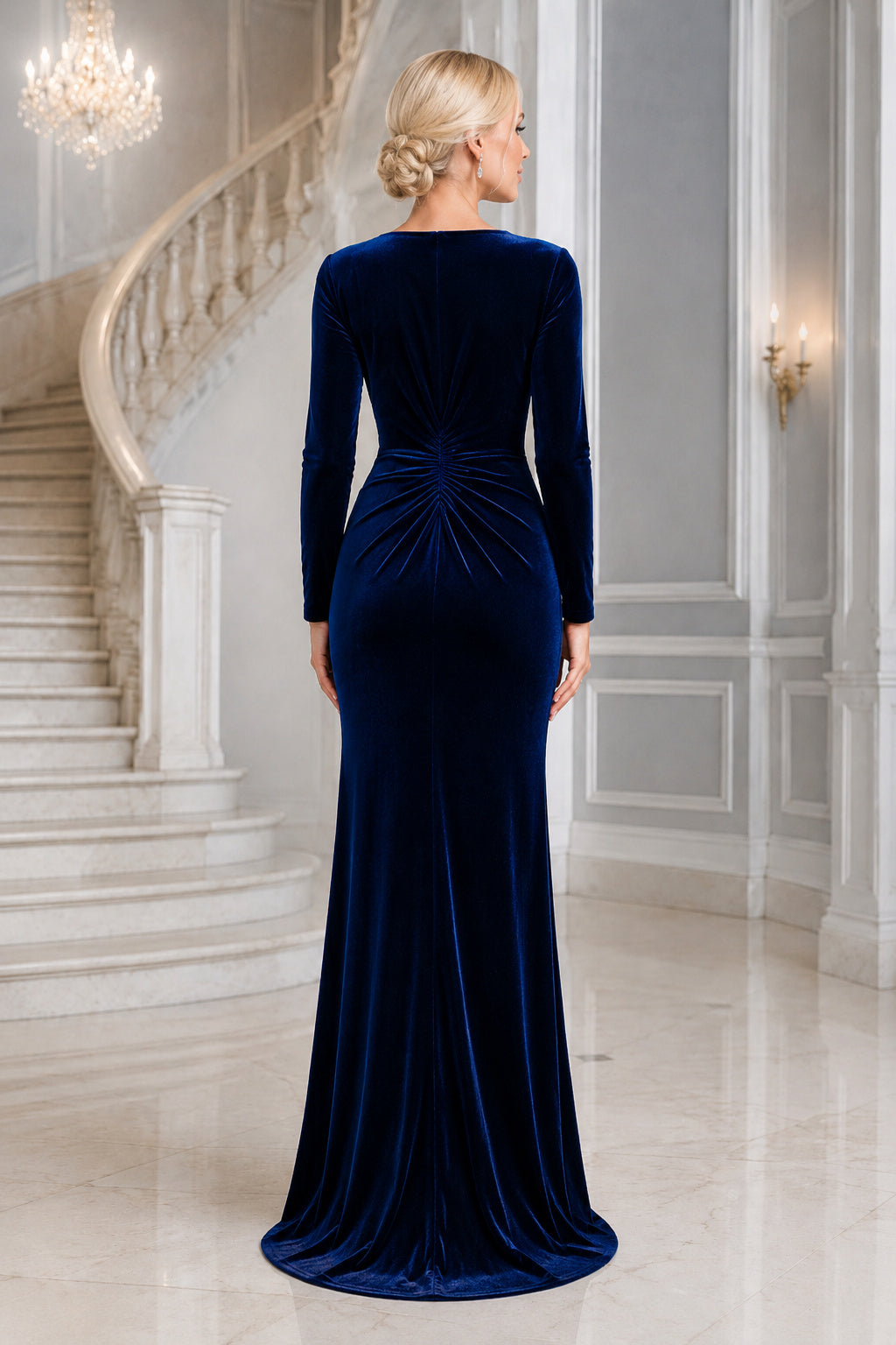 Dark Navy Velvet Long Sleeve V Neck Sheath Evening Gown With Waist Ruching Evening Dress back view