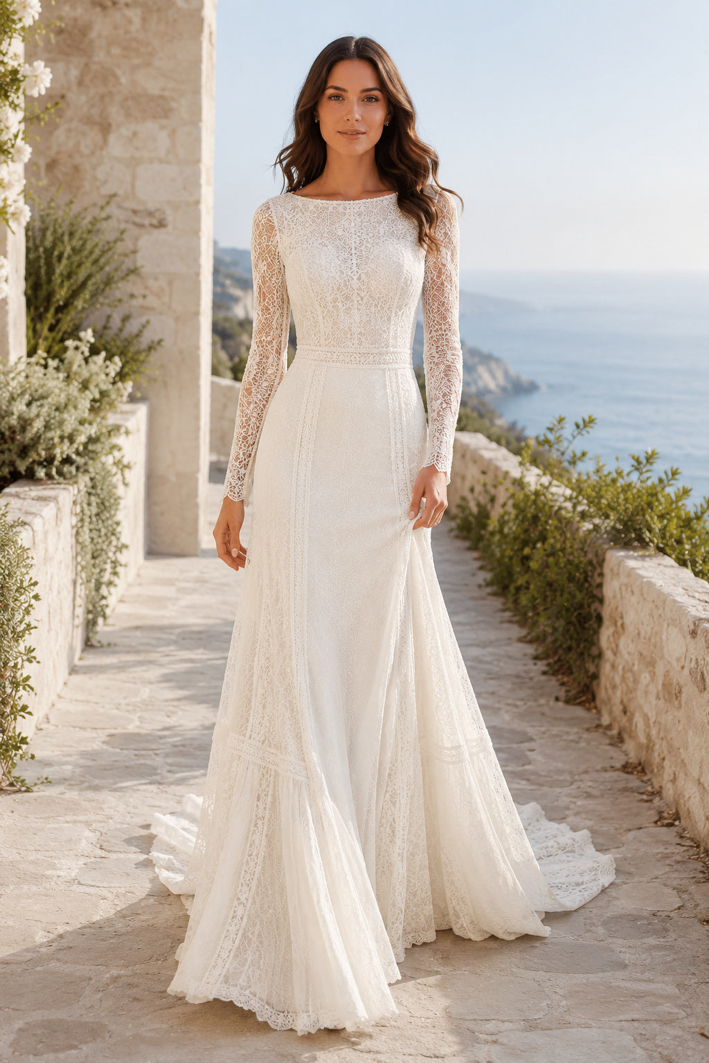 Bateau Long Sleeve Sheath Wedding Dress with Lace Bodice and Soft Tulle Train for Beach Garden Ceremony front view