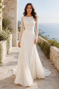 Bateau Long Sleeve Sheath Wedding Dress with Lace Bodice and Soft Tulle Train for Beach Garden Ceremony front view