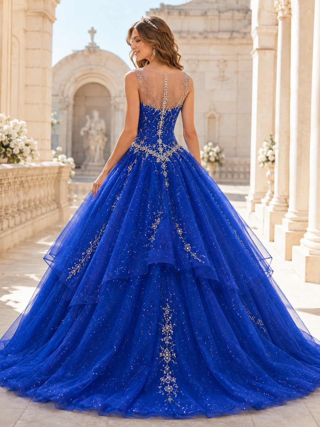 Royal Blue Modest Cap Sleeve Illusion Crystal Layered Quinceanera Princess Court Train Ball Gown back view