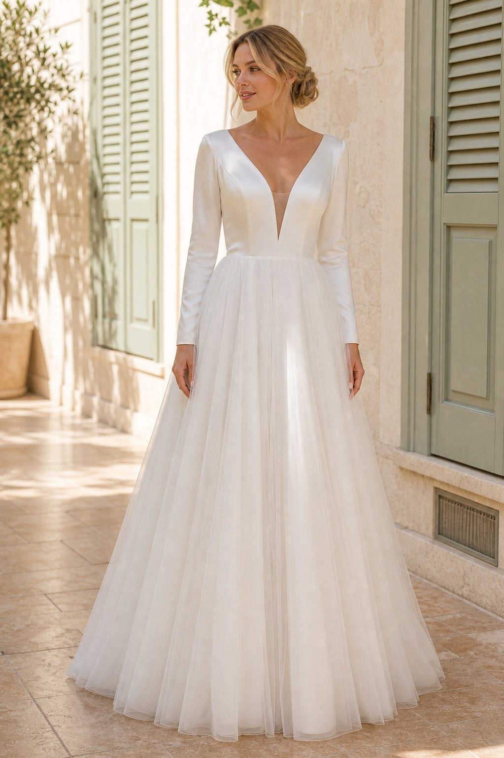 Champagne Square Sheath Satin Floor-length Wedding Dress With Layered Skirt and Beaded Bodice and Open Back