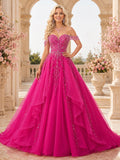Luxury Fuchsia Carnival Queen Ball Gown Floor Length Off Shoulder Tiered Dress front view