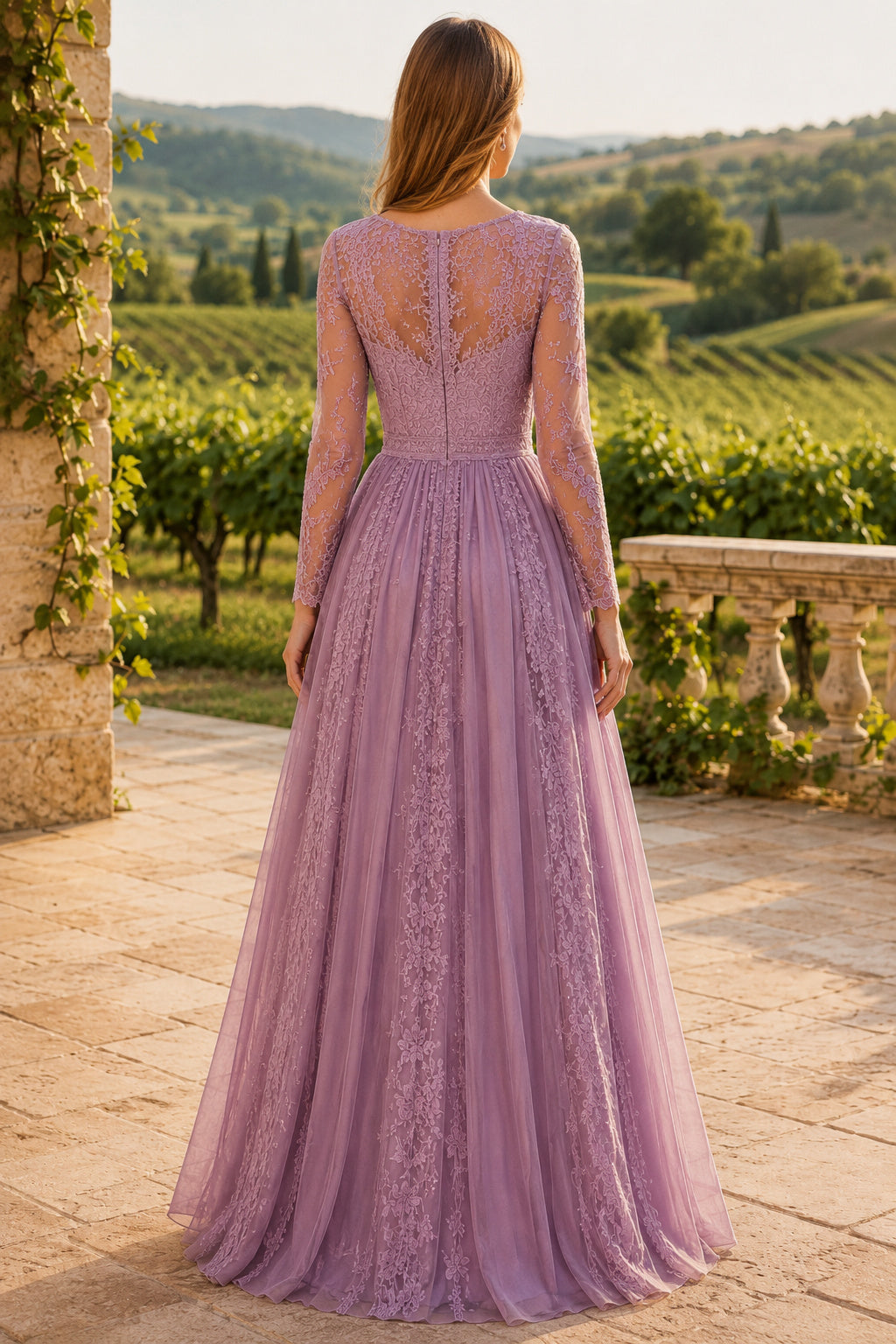 Mauve Long Sleeve Lace A-Line Formal Dress with Illusion Bodice and Applique Skirt back view
