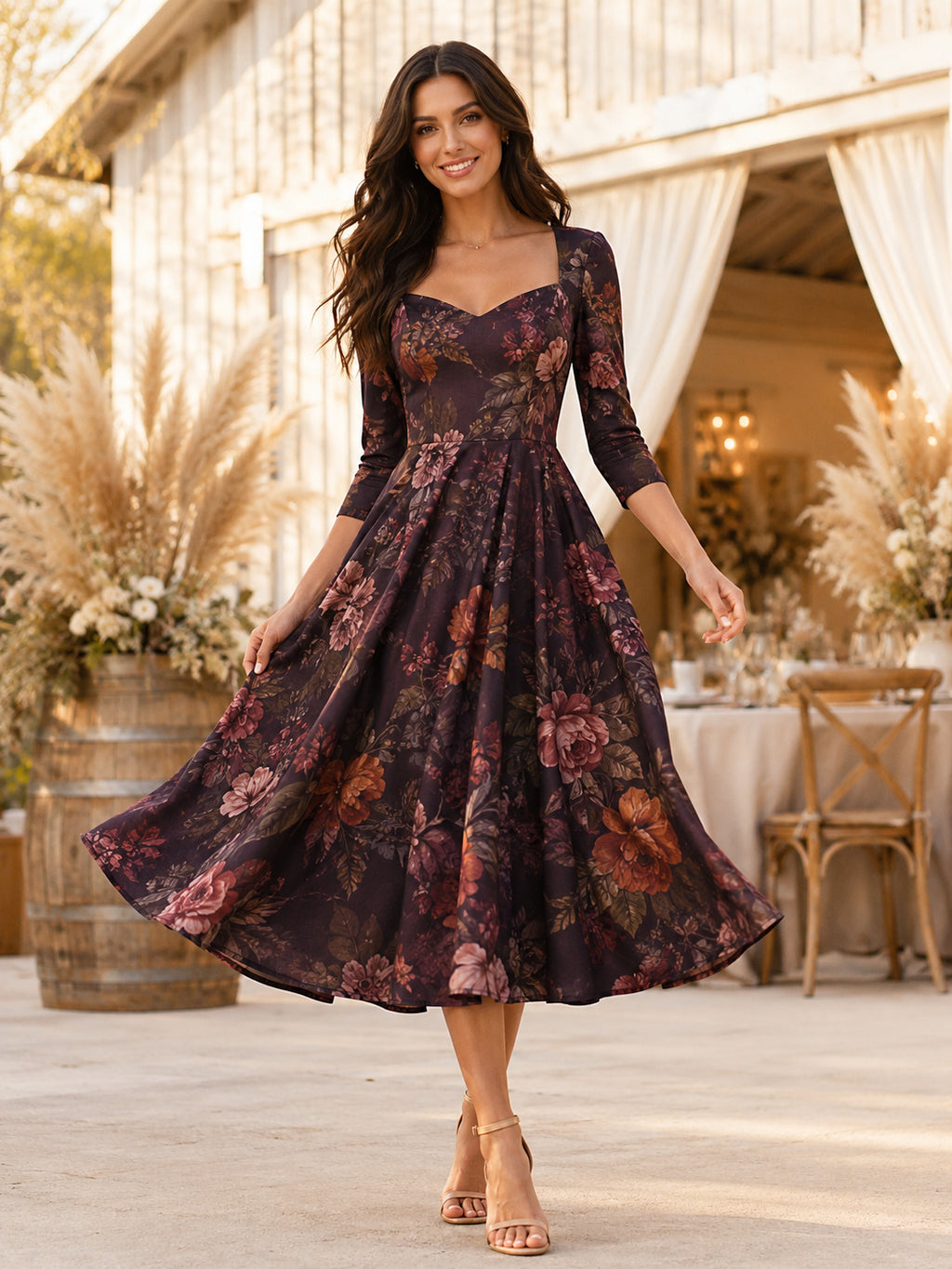 Plum Floral Sweetheart Long Sleeve Velvet A-Line Midi Guest Dress front view