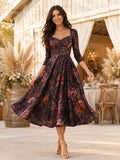 Plum Floral Sweetheart Long Sleeve Velvet A-Line Midi Guest Dress front view