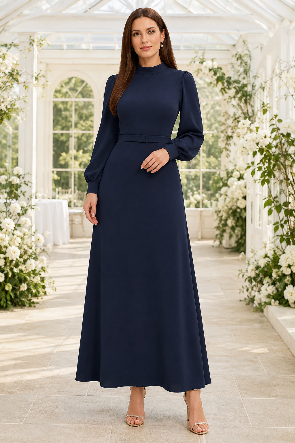 Sky Blue Modest Wedding Guest Sheath Dress front view
