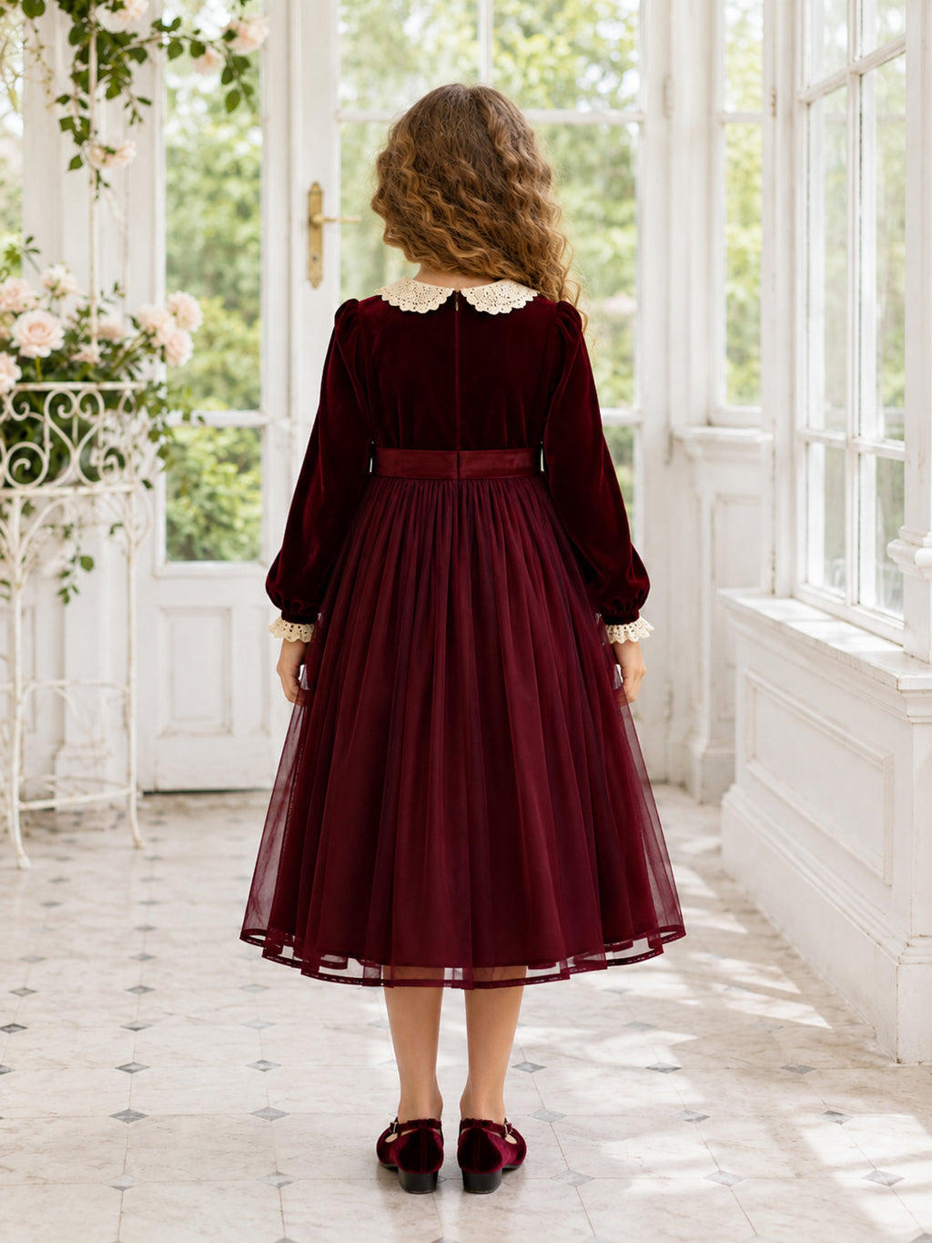 Burgundy Velvet A-Line Flower Girl Dress Long Sleeve Jewel Neck Tea Length back view