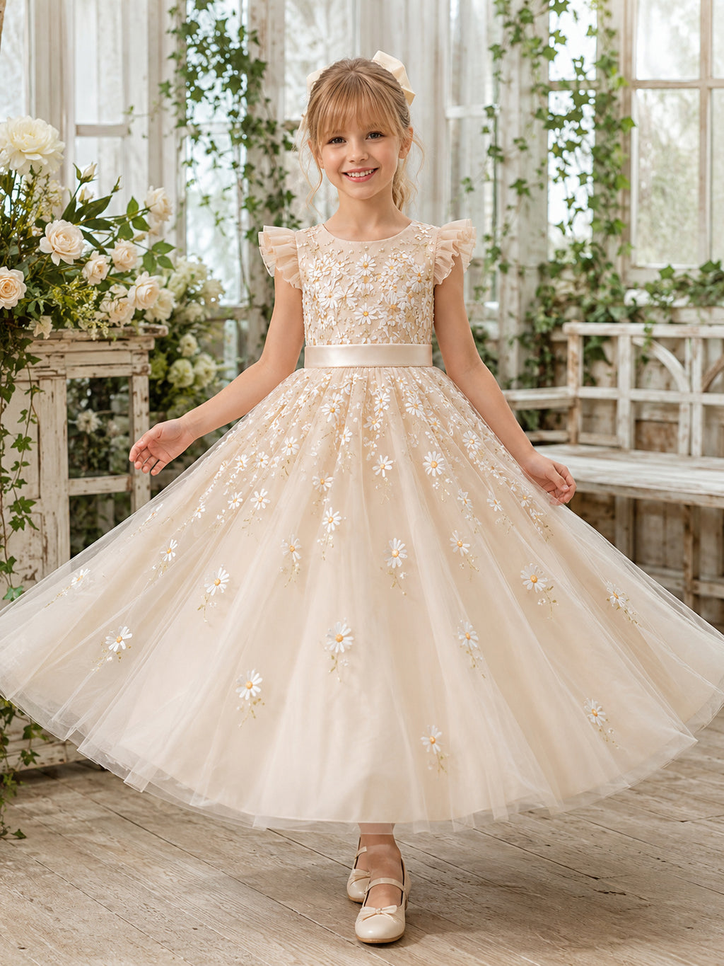 Champagne Daisy Flower Girl Dress with Flutter Sleeves, Embroidered Tulle A-Line, Full Tea-Length Skirt, and Bow Back front v