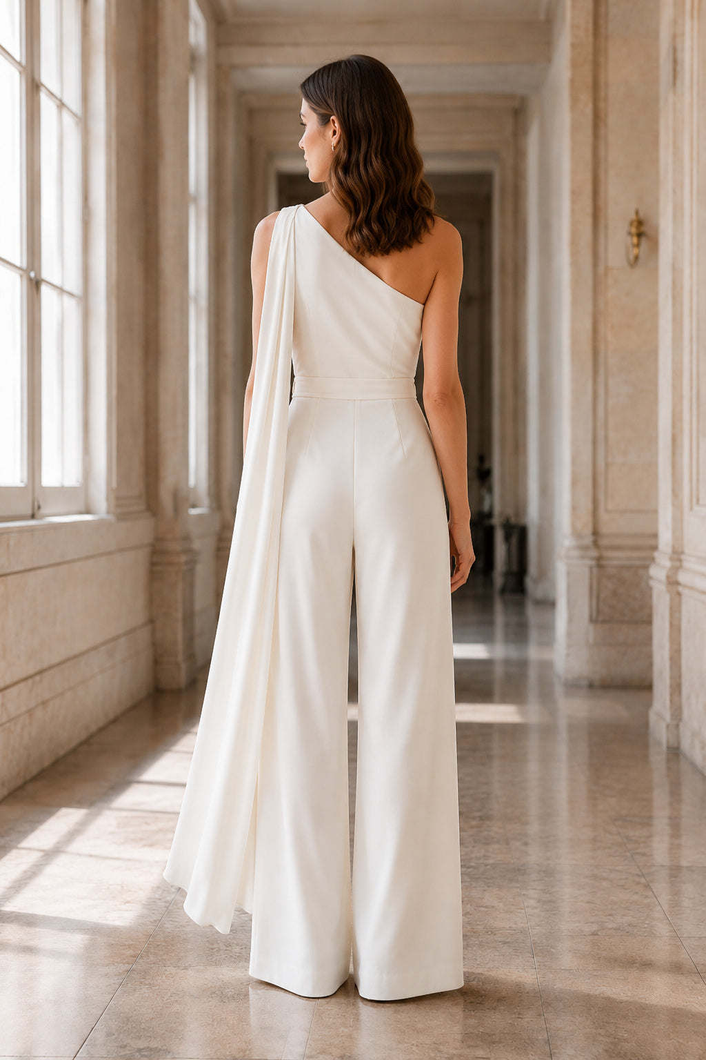 White One Shoulder Cape Satin Wedding Jumpsuit Style 720326 back view