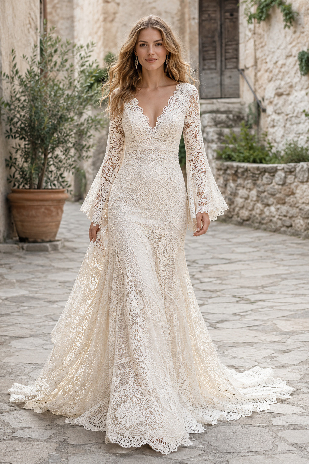 Ivory Long Bell Sleeve Lace Mermaid Wedding Dress Chapel Train for Wedding Ceremony and Reception front view