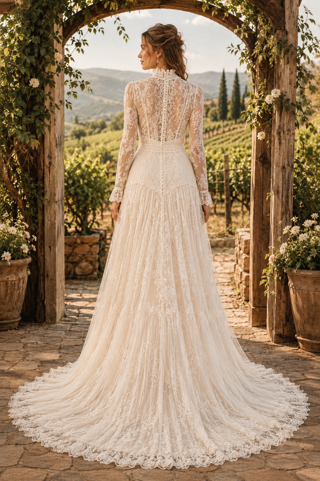 Ivory High Neck Long Sleeve Lace A-Line Wedding Dress Chapel Train for Wedding Ceremony and Reception Style MG_701489 back vi
