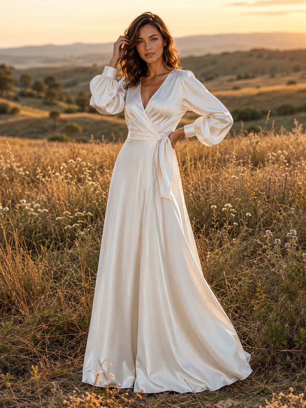 Long Sleeve Wrap Chiffon Field Engagement Photo Gown front view