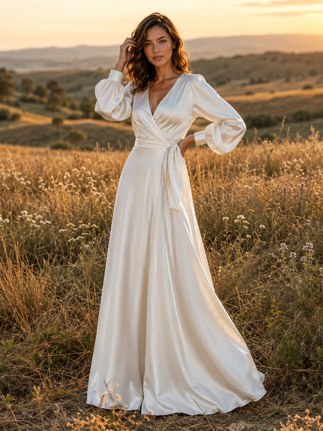 Long Sleeve Wrap Chiffon Field Engagement Photo Gown front view
