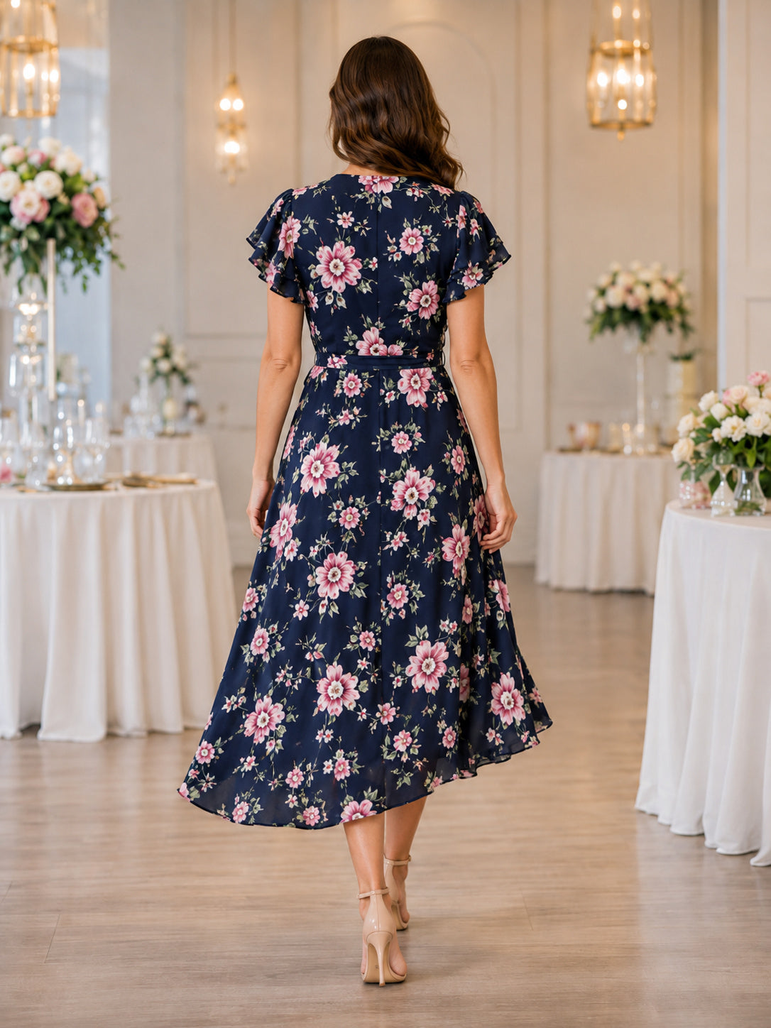 Navy Floral Wrap V Neck High Low Fundraiser Midi Dress back view