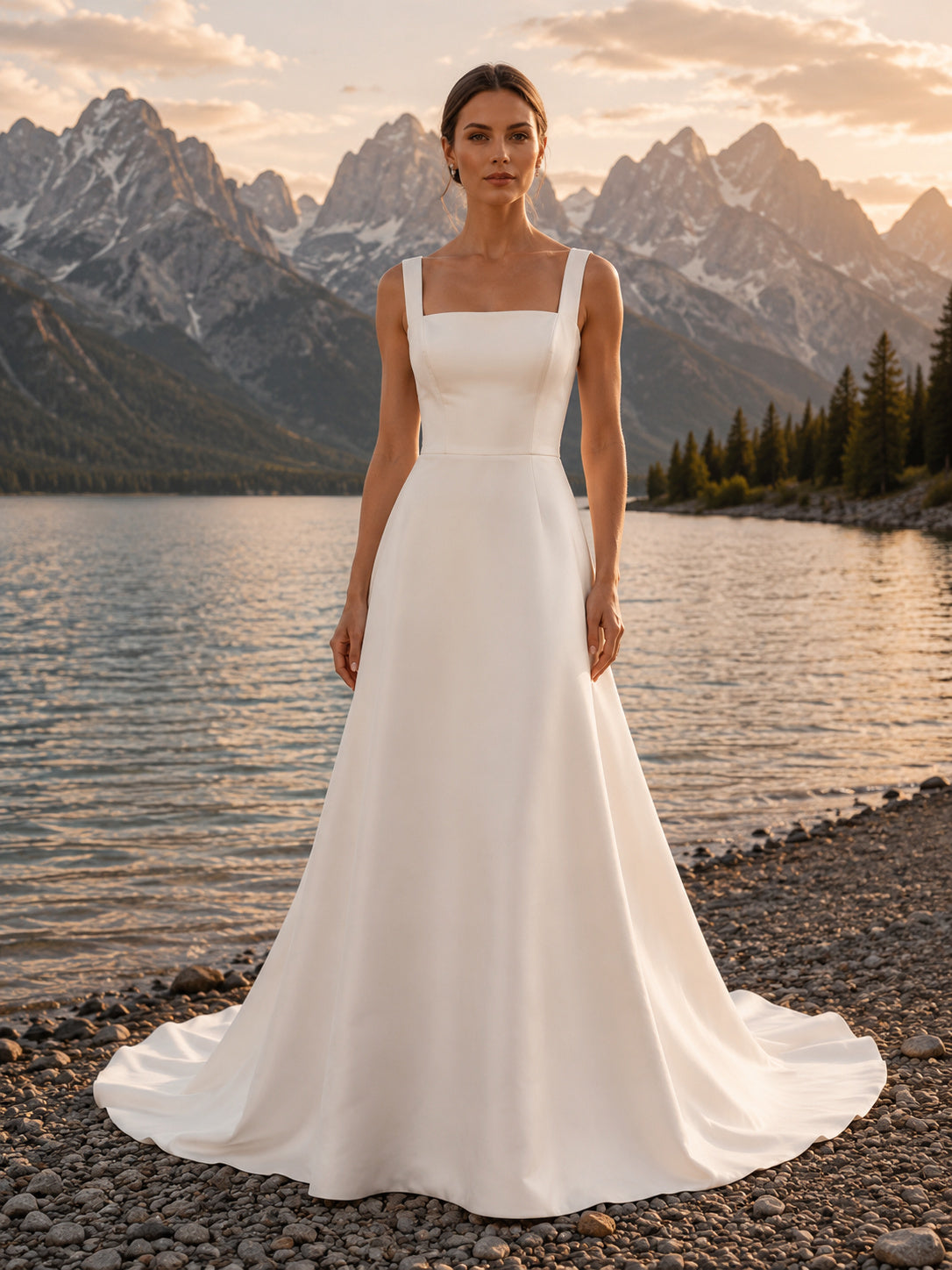 Square Neck Wide Strap Satin A-Line Chapel Train Lakeside Wedding Gown front view