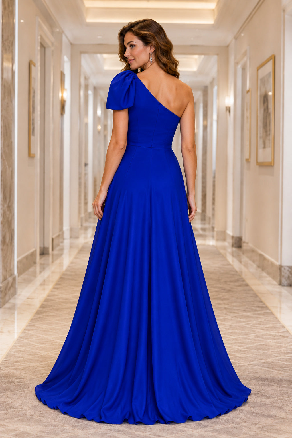Royal Blue One-Shoulder Chiffon A-Line Formal Dress back view