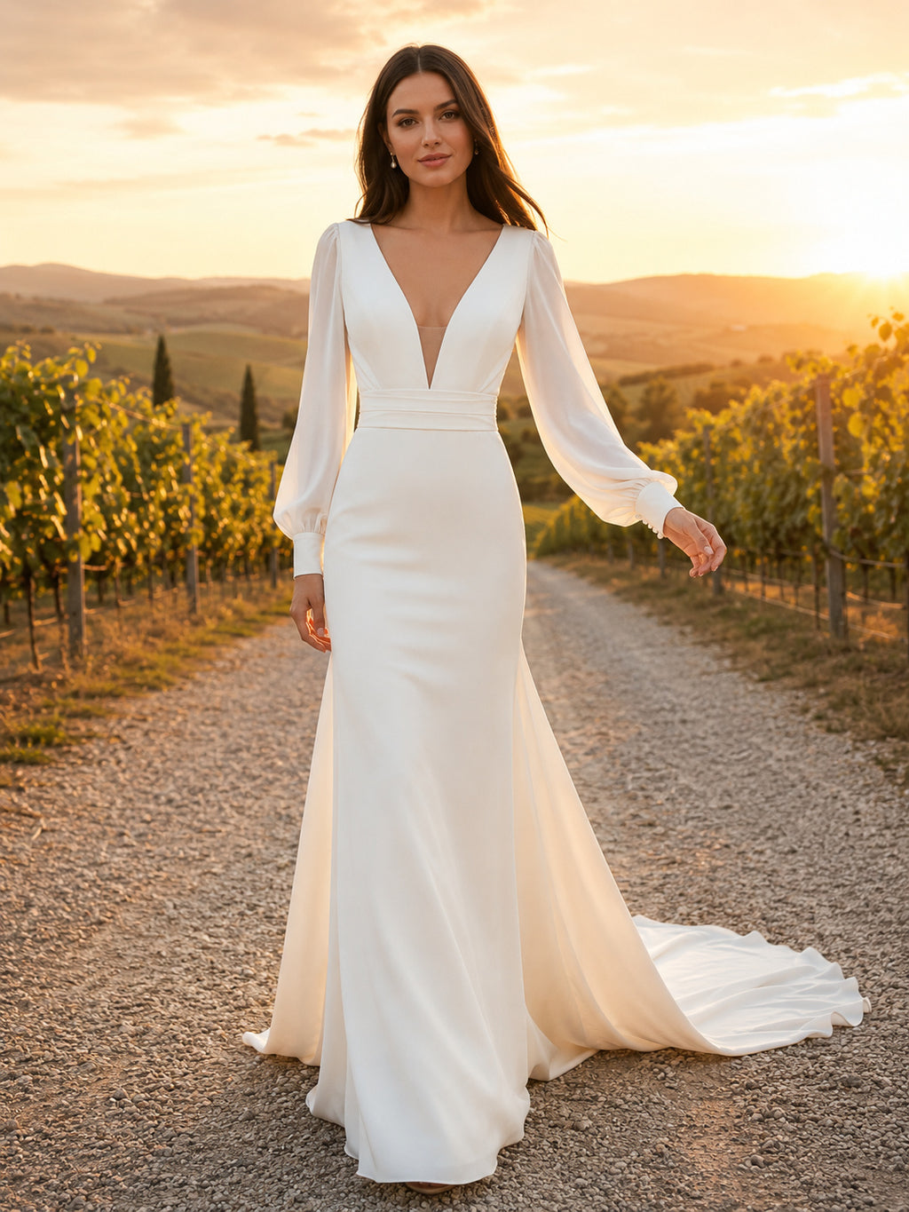 Minimalist Stretch Satin Wedding Dress Mermaid V-Neck Long Sleeve Sweep Train Bridal Gown front view