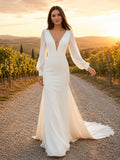 Minimalist Stretch Satin Wedding Dress Mermaid V-Neck Long Sleeve Sweep Train Bridal Gown front view