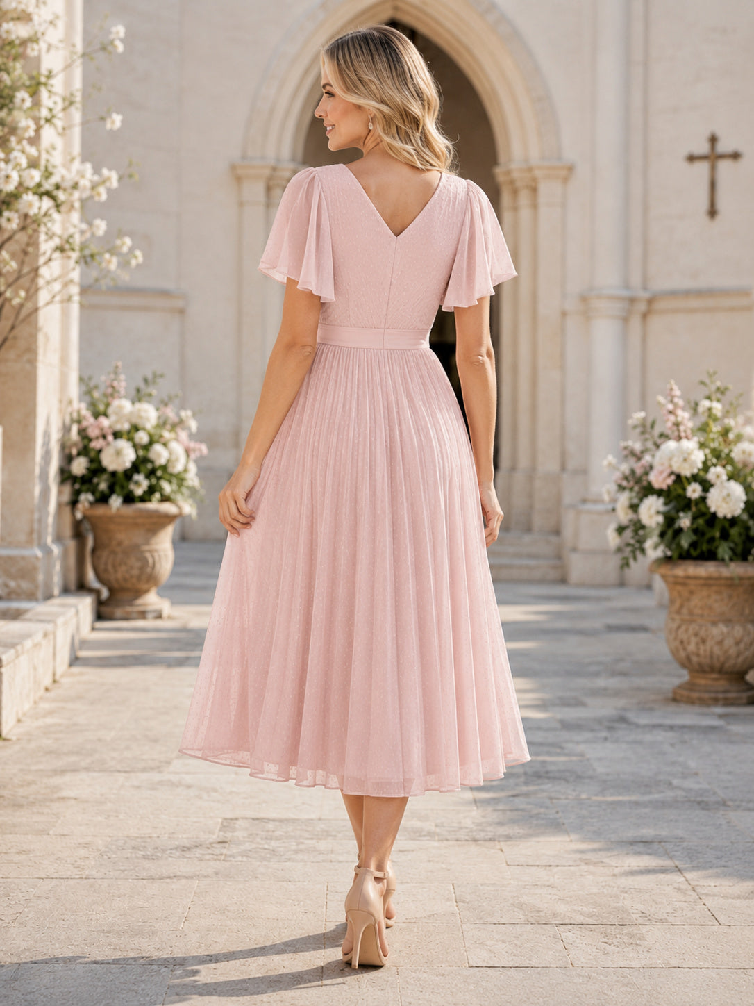 Blush V-Neck Flutter Short Sleeve Pleated Chiffon A-Line Tea Length Mother Dress back view