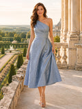 Steel Blue One Shoulder Floral Jacquard A Line Tea Formal Guest Dress front view