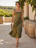 Olive Square Neck Wrap Satin Vineyard Cocktail Midi Dress front view
