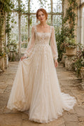 Champagne Square Neck Bishop Sleeve A-Line Wedding Dress with Tulle Skirt and Train front view