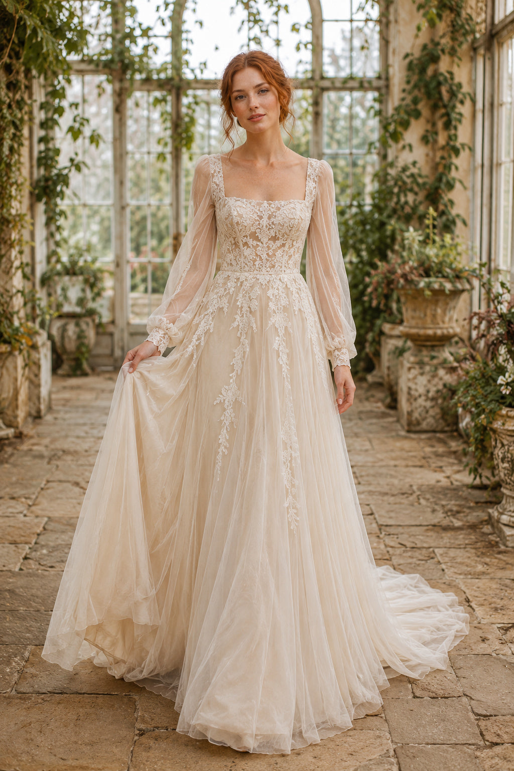 Champagne Square Neck Bishop Sleeve A-Line Wedding Dress with Tulle Skirt and Train front view