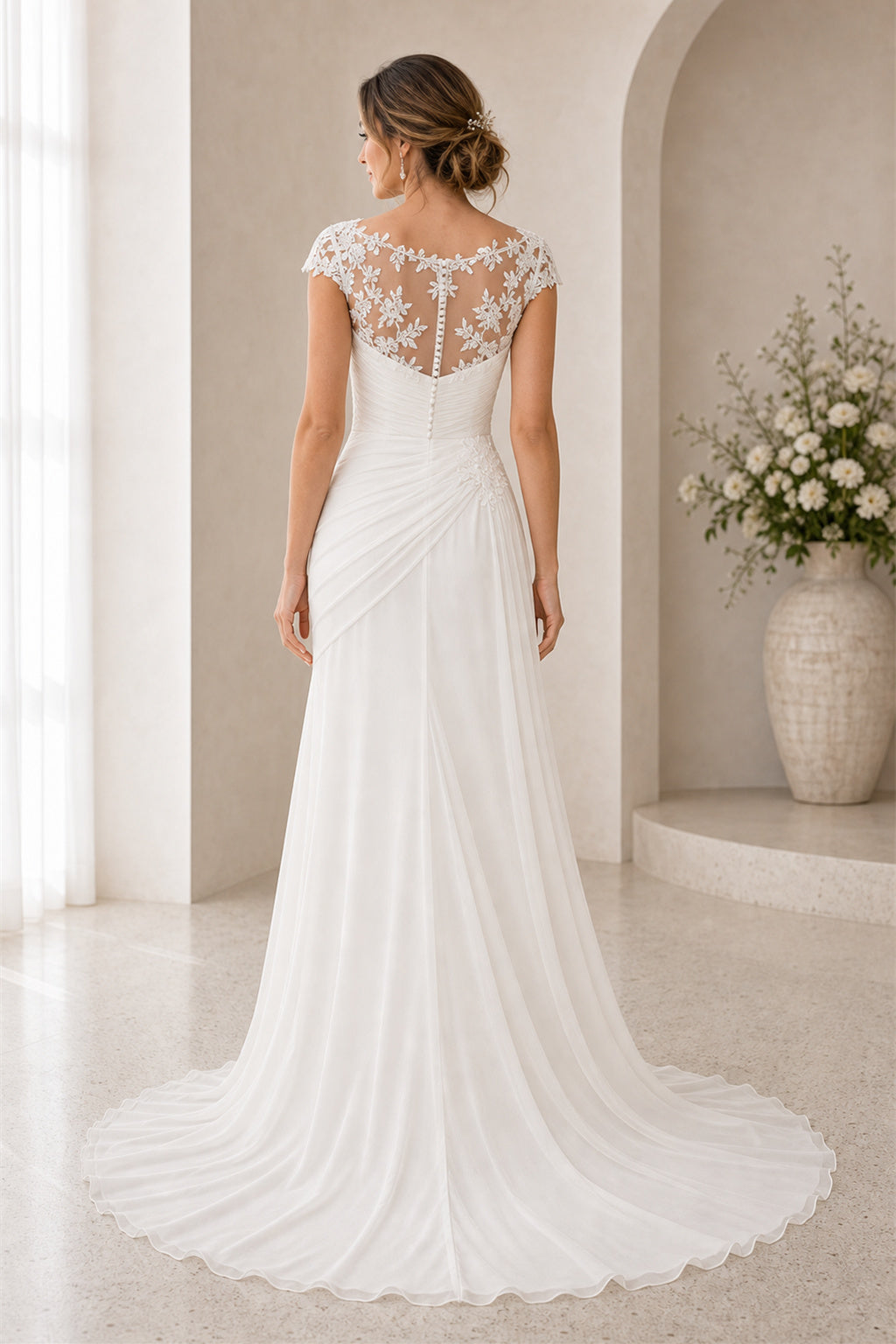 White Square Mermaid Crepe, Lace Floor-length Wedding Dress With Lace and Sweep Train and Open Back