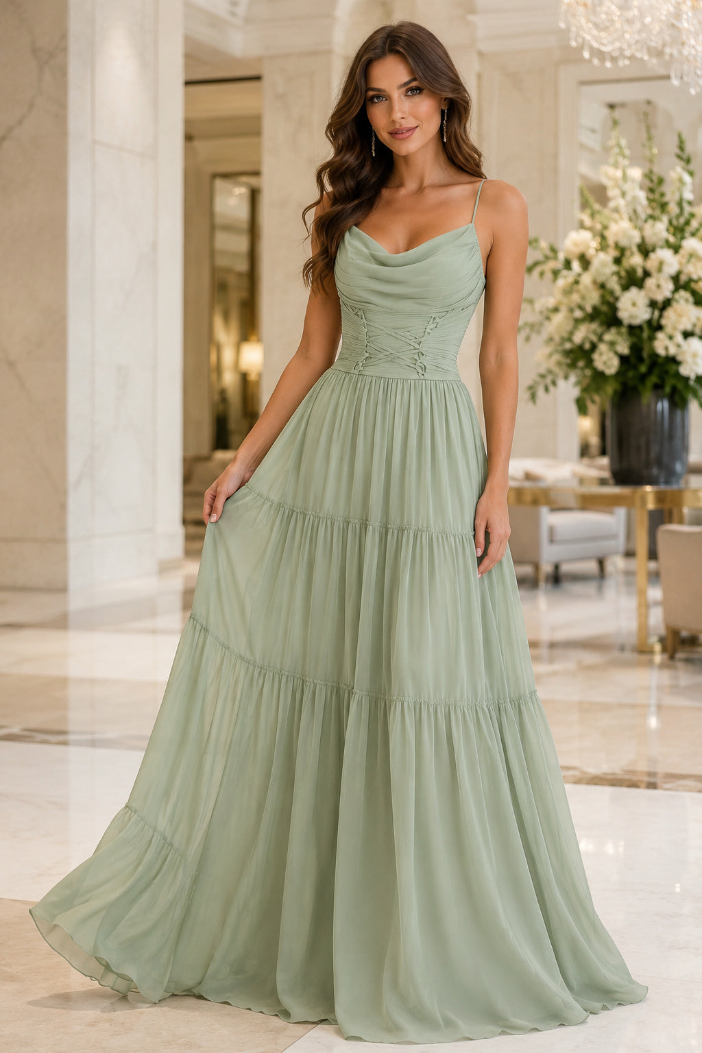 Sage Cowl Neck Chiffon A-Line Bridesmaid Dress with Tiered Floor Skirt front view