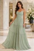 Sage Cowl Neck Chiffon A-Line Bridesmaid Dress with Tiered Floor Skirt front view