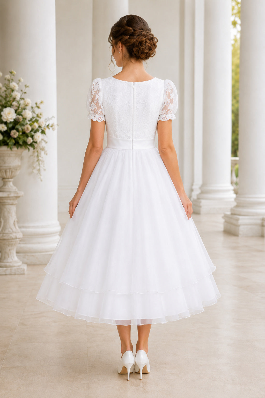 White Puff Sleeve Lace Bodice with Tea Length Tulle Skirt Tea Length A-Line Wedding Dress back view