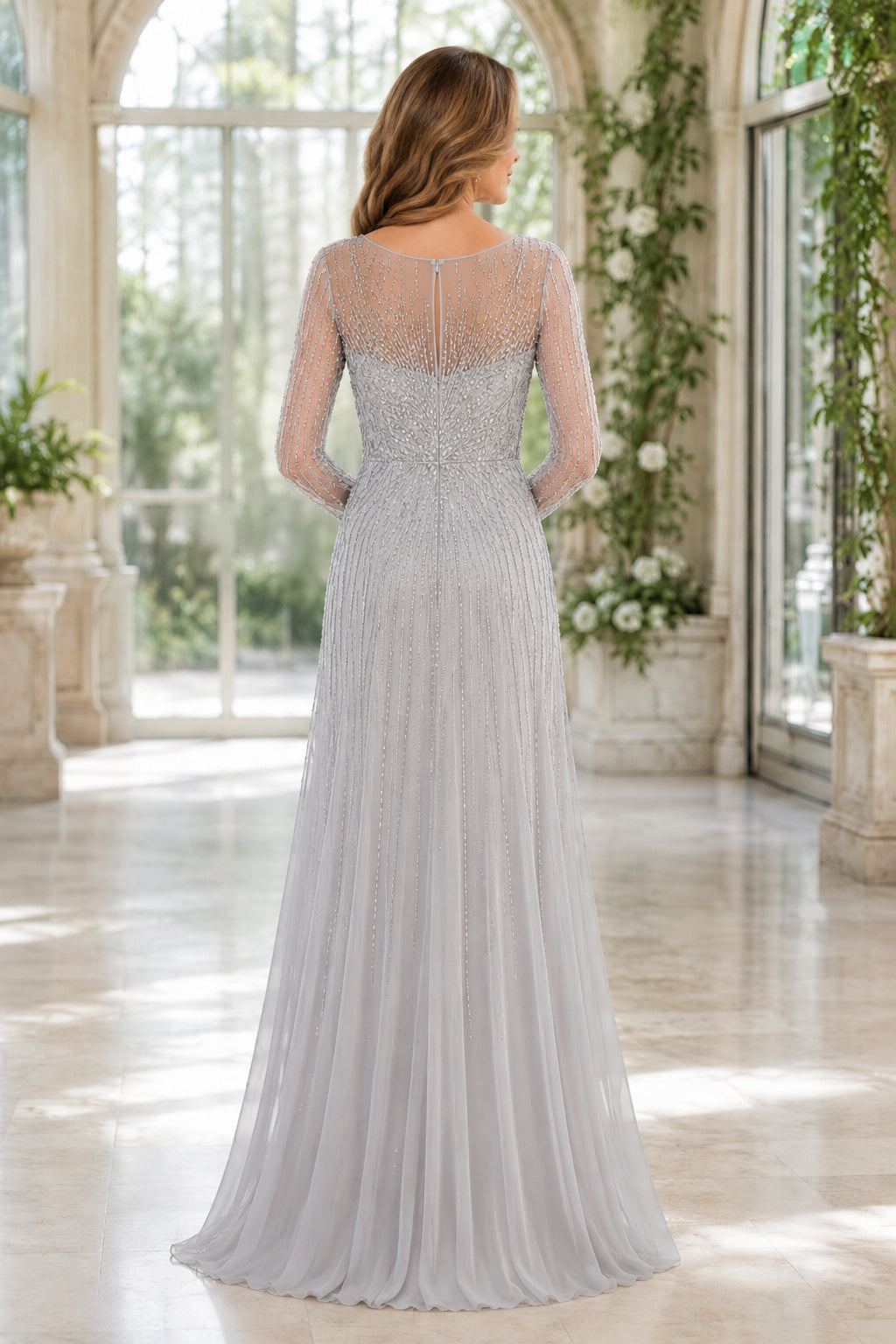 Silver Long Sleeve Chiffon A-Line Mother Dress with Beaded Illusion Bodice back view