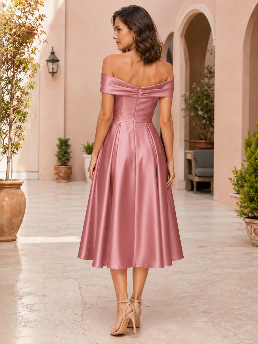 Dusty Rose Off-the-shoulder Satin A-Line Midi Dress back view