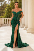 Dark Green Off-the-Shoulder Sequin Mermaid Formal Dress with High Slit front view