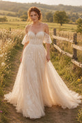 Champagne Off-the-Shoulder Flutter Sleeve A-Line Wedding Dress with Lace Train front view