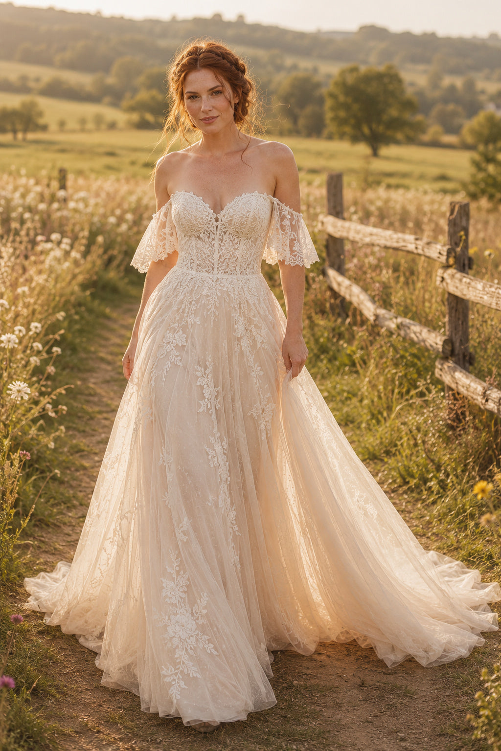 Champagne Off-the-Shoulder Flutter Sleeve A-Line Wedding Dress with Lace Train front view