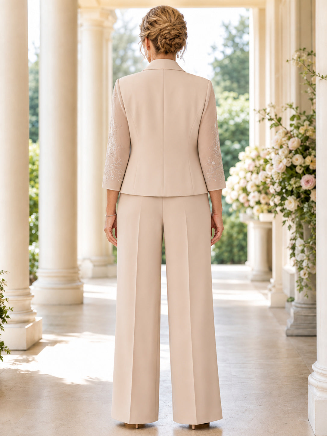 Champagne Mother Jumpsuit with Square Neck Tailored Jacket and Wide Leg Pants back view