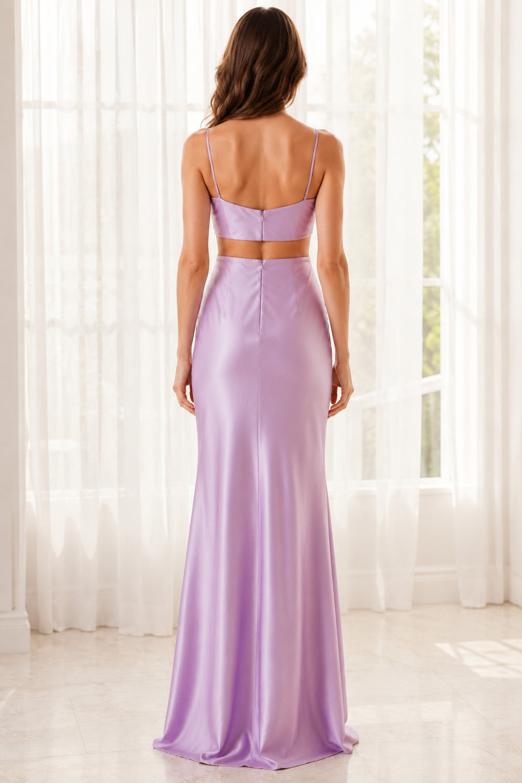 Lavender Halter Satin Sheath Formal Dress with Front Knot and Side Waist Cutout back view