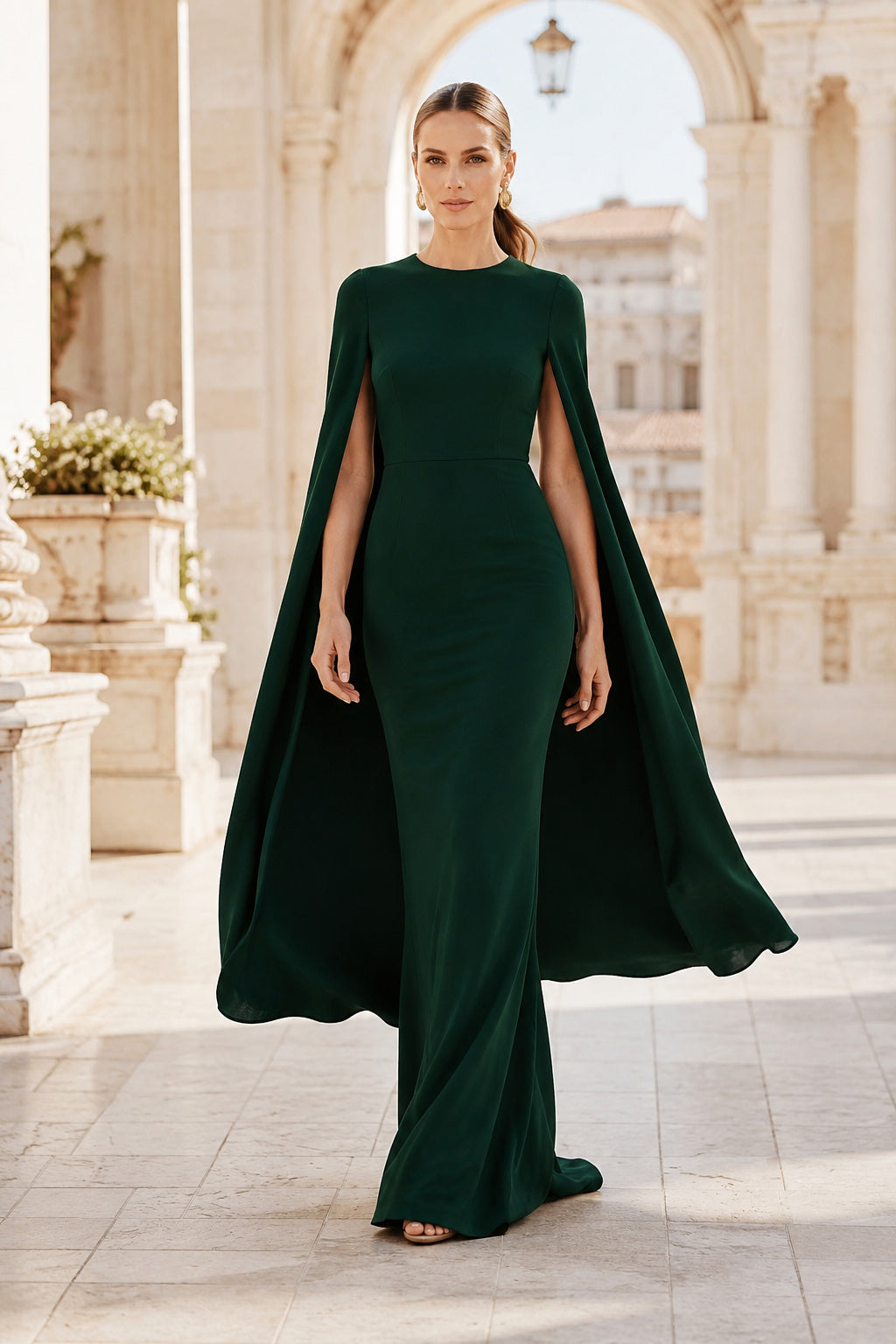 Dark Green high neck sheath gown with long cape sleeves and clean floor length skirt Floor-length And Sweep/Brush Train Sheat