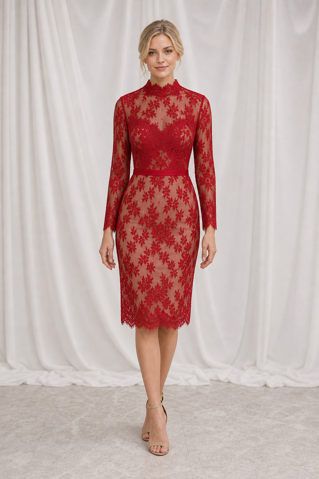 Red High-Neck Long Sleeve Sheath Lace Knee-Length Dress