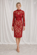 Red High-Neck Long Sleeve Sheath Lace Knee-Length Dress