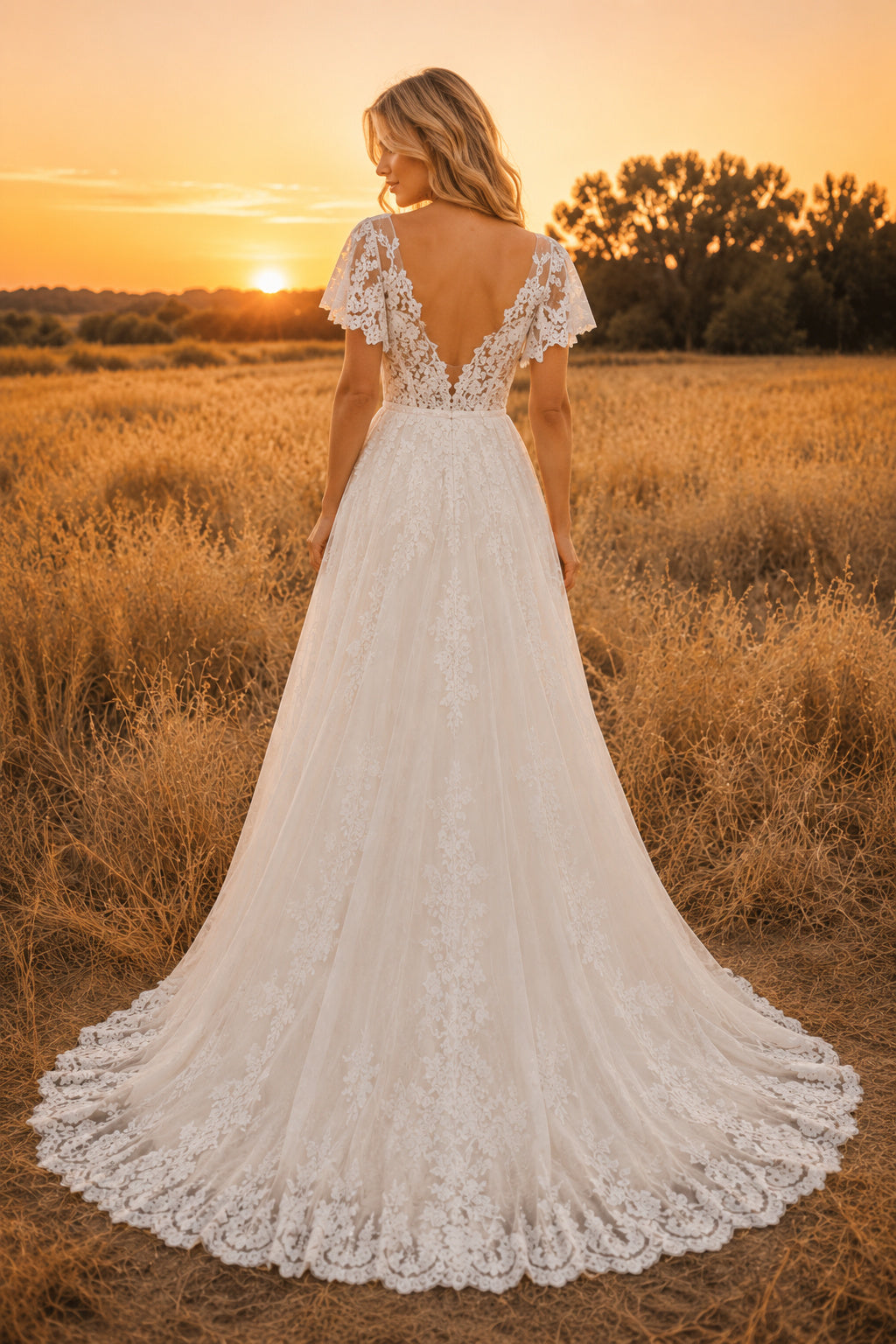 Flutter Sleeve V-Neck A-Line Wedding Dress with Lace Applique Bodice and Train for Rustic Garden Ceremony back view