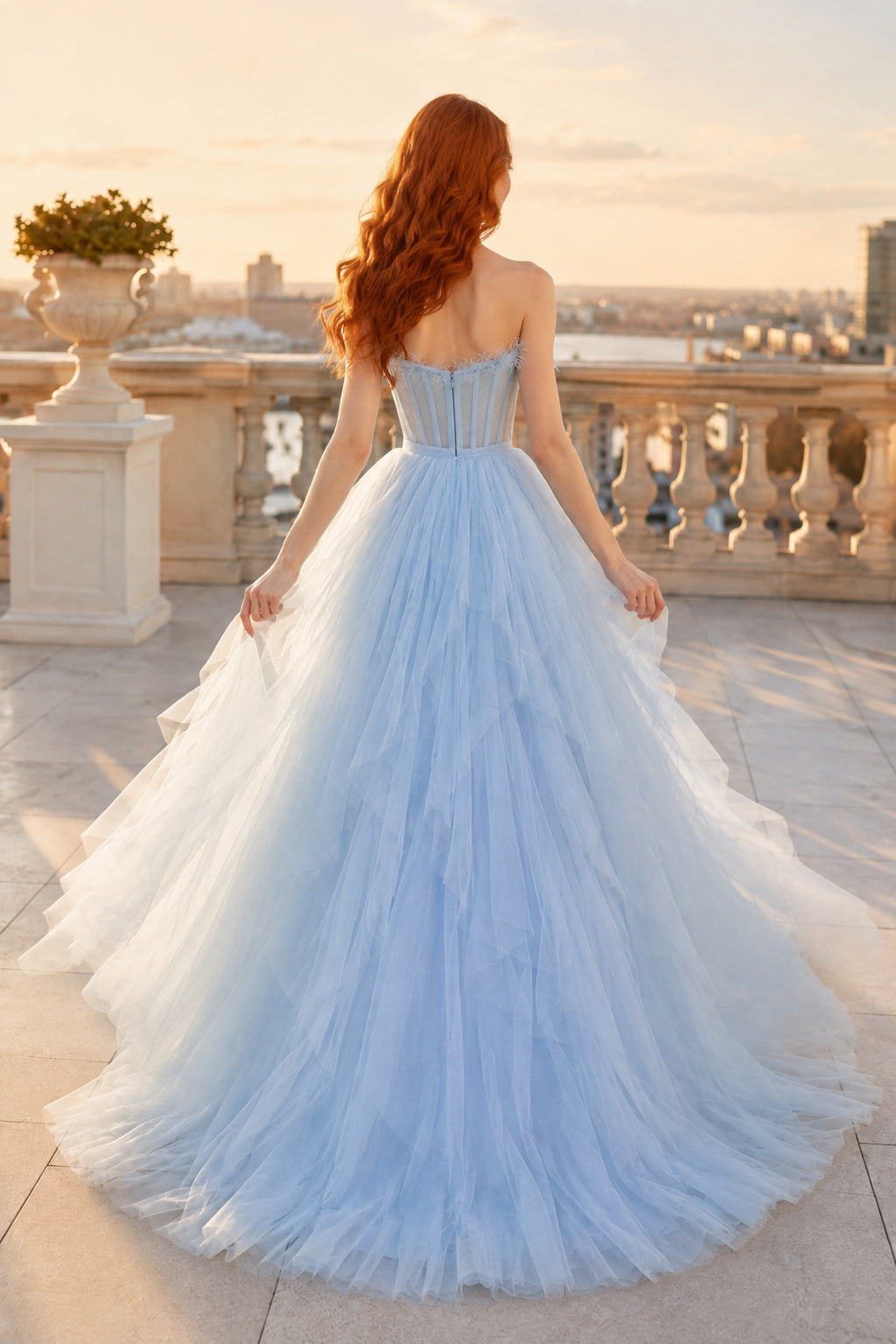 Sky Blue Strapless Tulle Ball Gown with Corset Bodice and Feather Trim for Prom Events back view