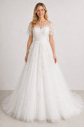 White Halter A-Line Lace Floor-length Wedding Dress With Lace and Beaded Waist and Open Back