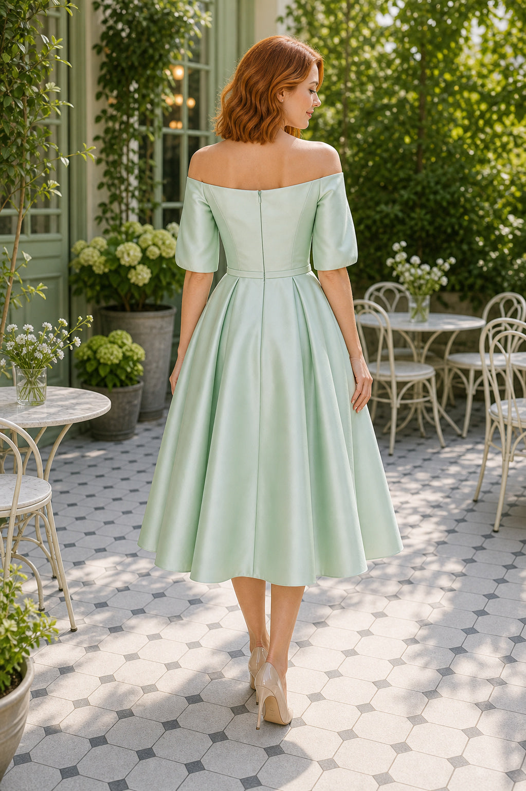Off-the-Shoulder A-Line Satin Tea-Length Dress With Short Sleeves