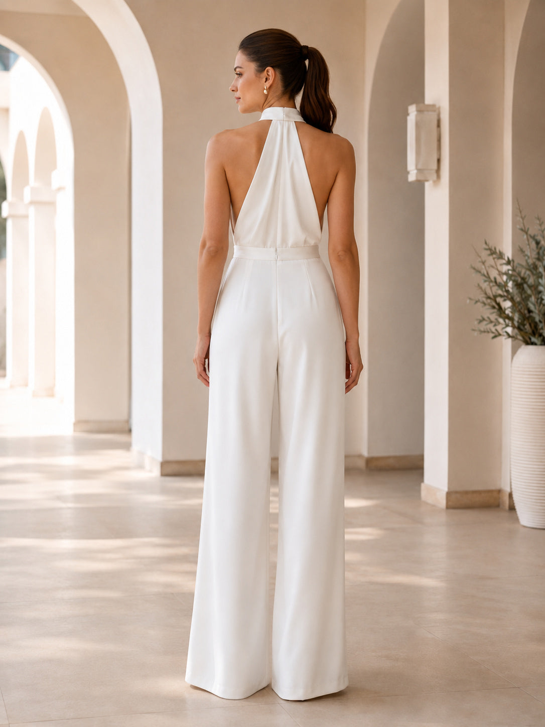 Modern Pleated Halter Neck Sleeveless Backless Wide Leg Civil Wedding Jumpsuit back view